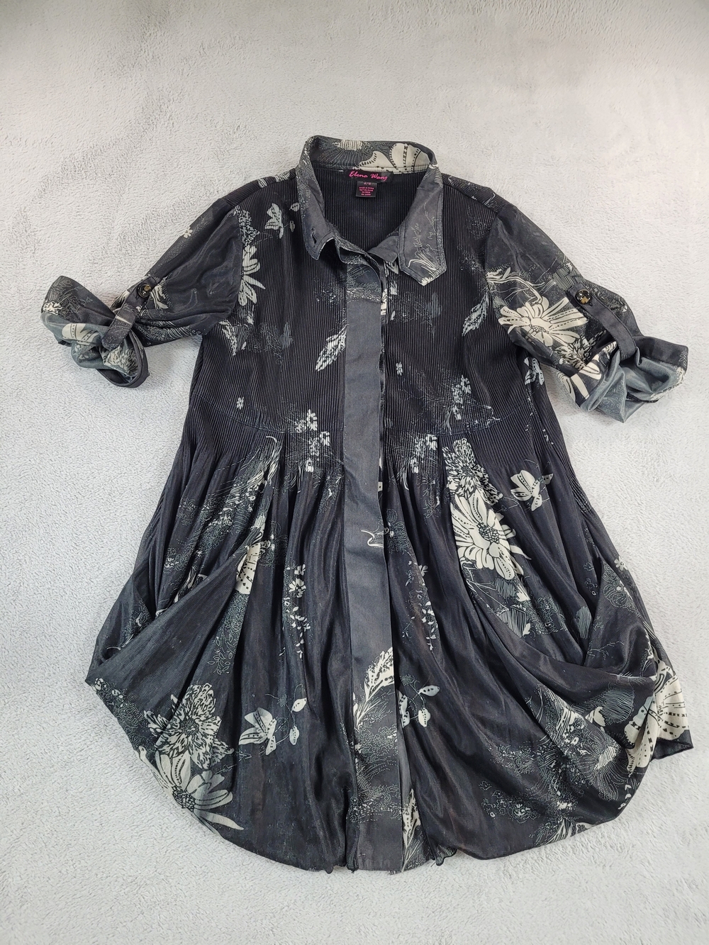 Elena Wang Women's Floral Button-Front Shirt Tunic Top in Charcoal Gray.